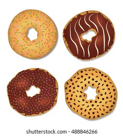 Four donut decorated with chocolate chips and fudge