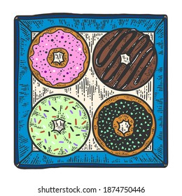 Cuatro donuts en una caja. Diseño de impresión de ropa. Imagen de color dibujada a mano.