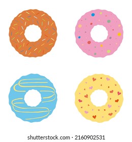 Four donuts of different colors with different glazes. Hand Drawn. Freehand drawing. Doodle. Sketch.