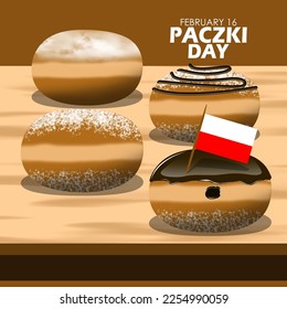 Cuatro donuts con diferentes ingredientes del país polaco que se llama normalmente Paczki, con la bandera polaca y el texto en negrita sobre una mesa marrón para celebrar el Día de Paczki el 16 de febrero en Polonia