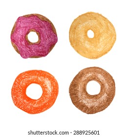 Four donuts isolated on white. Vector illustration of doughnut. Colored Pencils Drawing. Doughnut sketch. Tasty Donuts. Cute snack template.