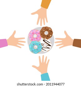 Four donuts on the plate. Human hands taking sweet tasty dessert. Flat cartoon style. Vector illustration isolated on white