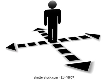 Four dotted line arrows point in 4 directions, point the way, at the decision intersection of a person.