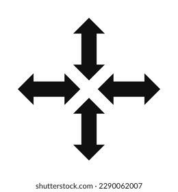 Four double arrows, cross silhouette icon. A symbol made from two-sided black arrow shapes. Isolated on a white background.