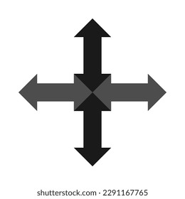 Four double arrows, grey cross icon. A symbol made from two-sided arrow shapes. Isolated on a white background.