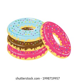 Four Doughnuts: Blue Mint, Chocolate Donut, Donut With Pink Glaze And Colored Sprinkles.Vector Illustration