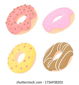 Four doughnuts with pink, yellow, red and chocolate icing isolated on white background