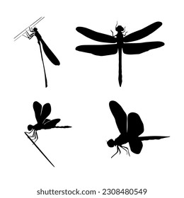 Four dragonfly silhouette set isolated on white background.