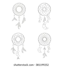Four dream catchers. Isolated vector design elements on a white background. Hand drawn. Coloring book for adults and children. Boho style.  Vector illustration. 