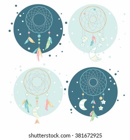 Four dream catchers. Isolated vector design elements on a blue and dark blue background. Hand drawn. Boho style.