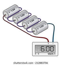 Four dry cell batteries wired to a voltmeter in series.