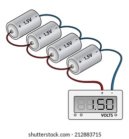 Four dry cell batteries wired to a voltmeter in parallel.