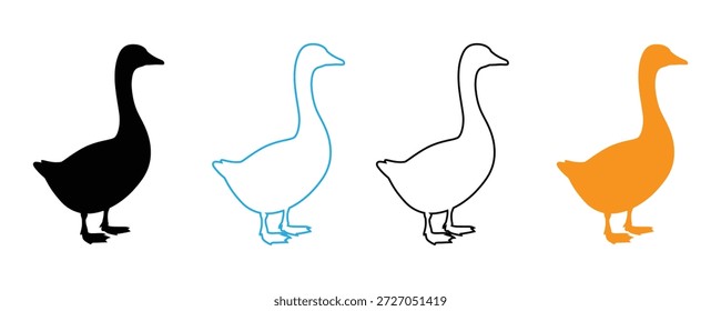Quatro patos em cores diferentes e estilos de linha em pé em uma fileira