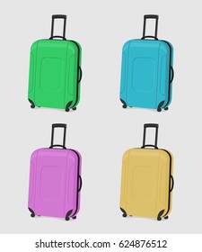 Four durable suitcases of green, blue, pink and yellow isolated on a white background.