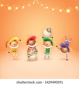 Four Dutch Sinterklaas helpers - celebrate holidays - vector illustration on orang background with lights