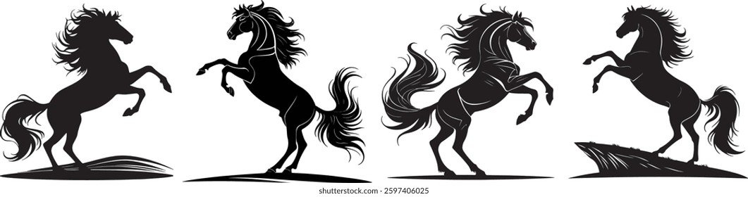 Four dynamic black silhouettes of horses in a rearing position against a plain white background