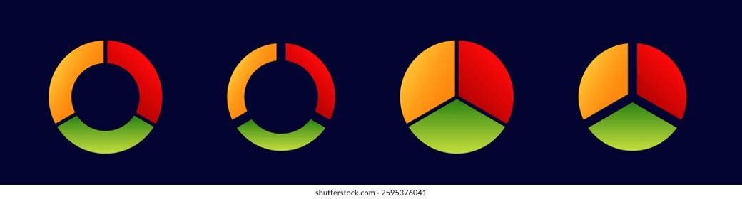 Four dynamic circles showcasing colorful segments in red, orange, and green with varying designs.