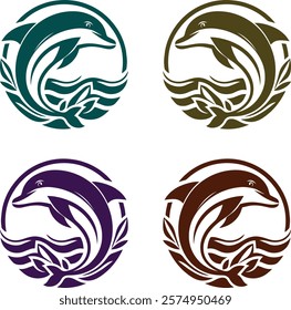 Four dynamic dolphin logos featuring floral accents and vibrant color variations for versatile branding