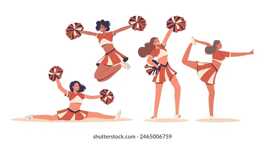 Four Dynamic Female Cheerleaders In Action During Sporting Event Displaying Athletic Poses Such As Jumps, Splits, Kicks