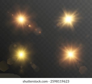 Four dynamic flashes of light with highlights on a dark background. Perfect for adding glowing highlights. Collection of vector solar effects