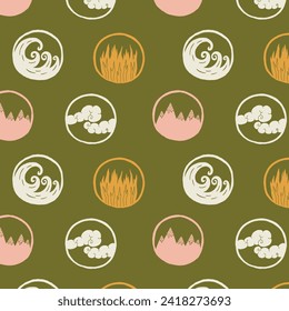 Four Earth Circle Elements Fire Water Air Seamless Pattern