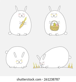 four Easter bunnies holding carrot and basket with eggs