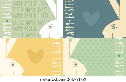 Four Easter cards, invitations with a bunny head, hearts and Happy Easter inscriptions. Each card is on a separate layer.