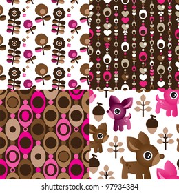 Four easy to edit seamless retro reindeer flower spring pattern background in vector