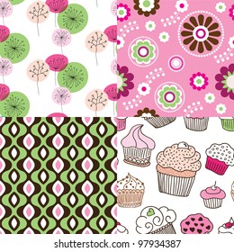 Four easy to edit seamless retro cupcake flower spring pattern background in vector