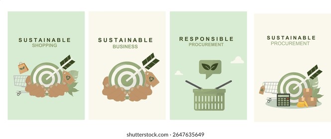 Quatro cartões de conceito de negócios ecológicos com compras sustentáveis. negócios sustentáveis. compras responsáveis e compras sustentáveis. Estilo plano. Aquisição ecológica.Ilustração vetorial