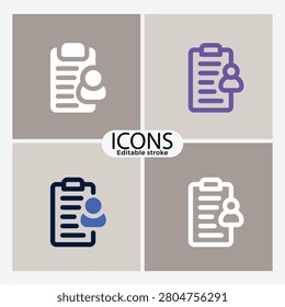 Four editable stroke icons showing clipboard with person figures and document symbols