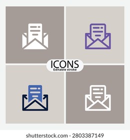 Four editable vector icons with document upload and email envelope designs in different colors