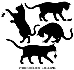 Four editable vector silhouettes of a cat playing with a mouse