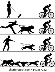 Four editable vector silhouettes of dogs reacting to a passing cyclist with all elements as separate objects