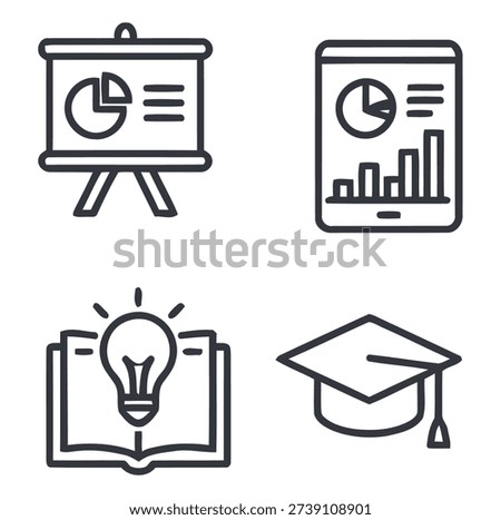 Four educational and business including presentation board tablet book and graduation cap