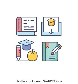 Quatro ícones educacionais dispostos em formato quadrado em estilo de design plano. Inclui livros, bonés de graduação, lápis e maçãs.