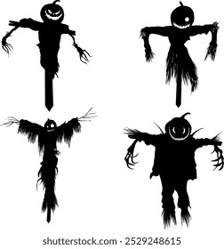 Four eerie scarecrows with pumpkin heads stand ominously, each exuding a creepy charm. Their jagged smiles and twisted limbs create a haunting atmosphere, perfect for Halloween.