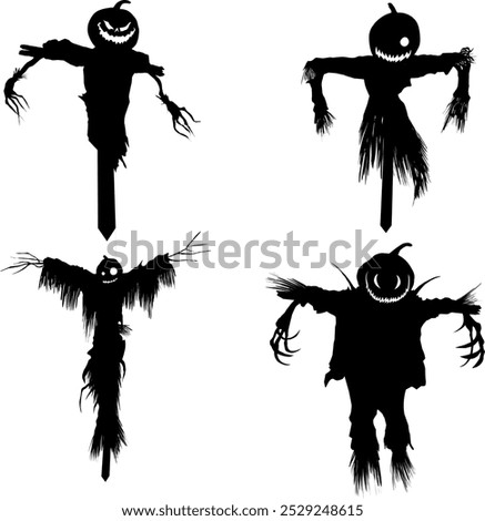Four eerie scarecrows with pumpkin heads stand ominously, each exuding a creepy charm. Their jagged smiles and twisted limbs create a haunting atmosphere, perfect for Halloween.