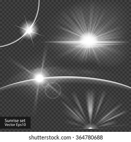 Four effects of a powerful glow (radiance) emanating from the sun or other strong light source. Really transparent effects. Vector stock illustration. Sunshine, dawn, halo, sunrise from space.