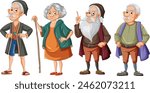 Four elderly cartoon characters standing together