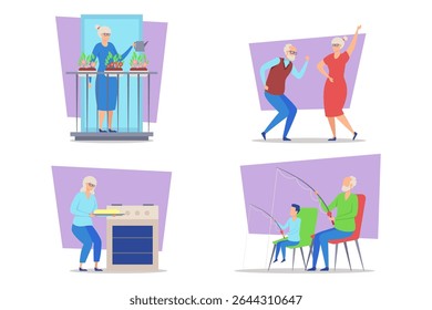 Four elderly characters engaged in various activities including gardening, dancing, cooking, and fishing. Joy and fulfillment in senior daily live