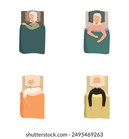Four elderly individuals relaxing in bed, depicted in a modern flat design style