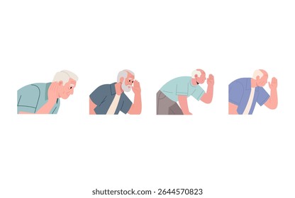 Quatro homens idosos, retratados em um estilo plano, são mostrados inclinados, colocando as mãos em seus ouvidos, sugerindo a necessidade de escutar atentamente.