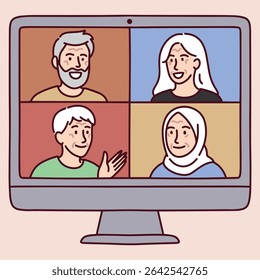Quatro idosos se comunicam remotamente por meio de uma chamada de vídeo em grupo na tela do computador, sorrindo e acenando durante uma conversa familiar on-line