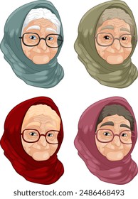 Four elderly women with glasses and scarves