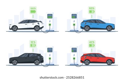 Quatro carros elétricos em cores diferentes carregam em estações de carregamento com níveis variados de bateria. Cabos de carregamento conectam os carros às estações, com linhas do horizonte da cidade ao fundo. 