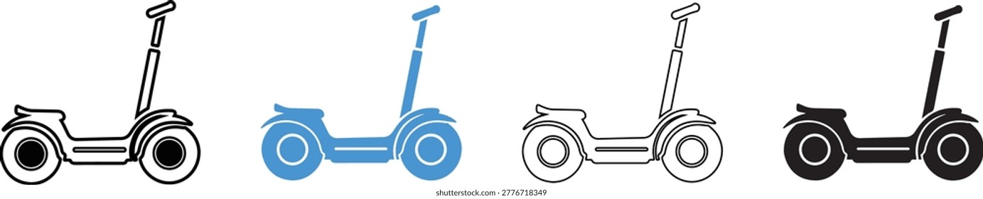 Four electric scooters in different colors and line styles isolated on white background