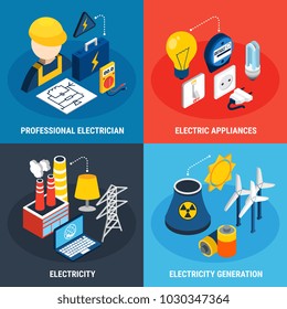 Four electricity isometric 3d icon set with professional electrician electric appliances and electricity generation descriptions vector illustration