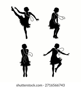 Cuatro elegantes siluetas de bailarinas de flapper de los años veinte rugientes actúan alegremente en poses dinámicas, adornadas con clásicos collares de perlas y vestidos con flecos, celebrando la Edad del Jazz.