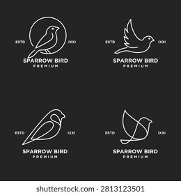 Four elegant minimalist line art sparrow bird logos for modern branding. Clean white icons with 'Sparrow Bird Premium' text on a dark background, ideal for identity.